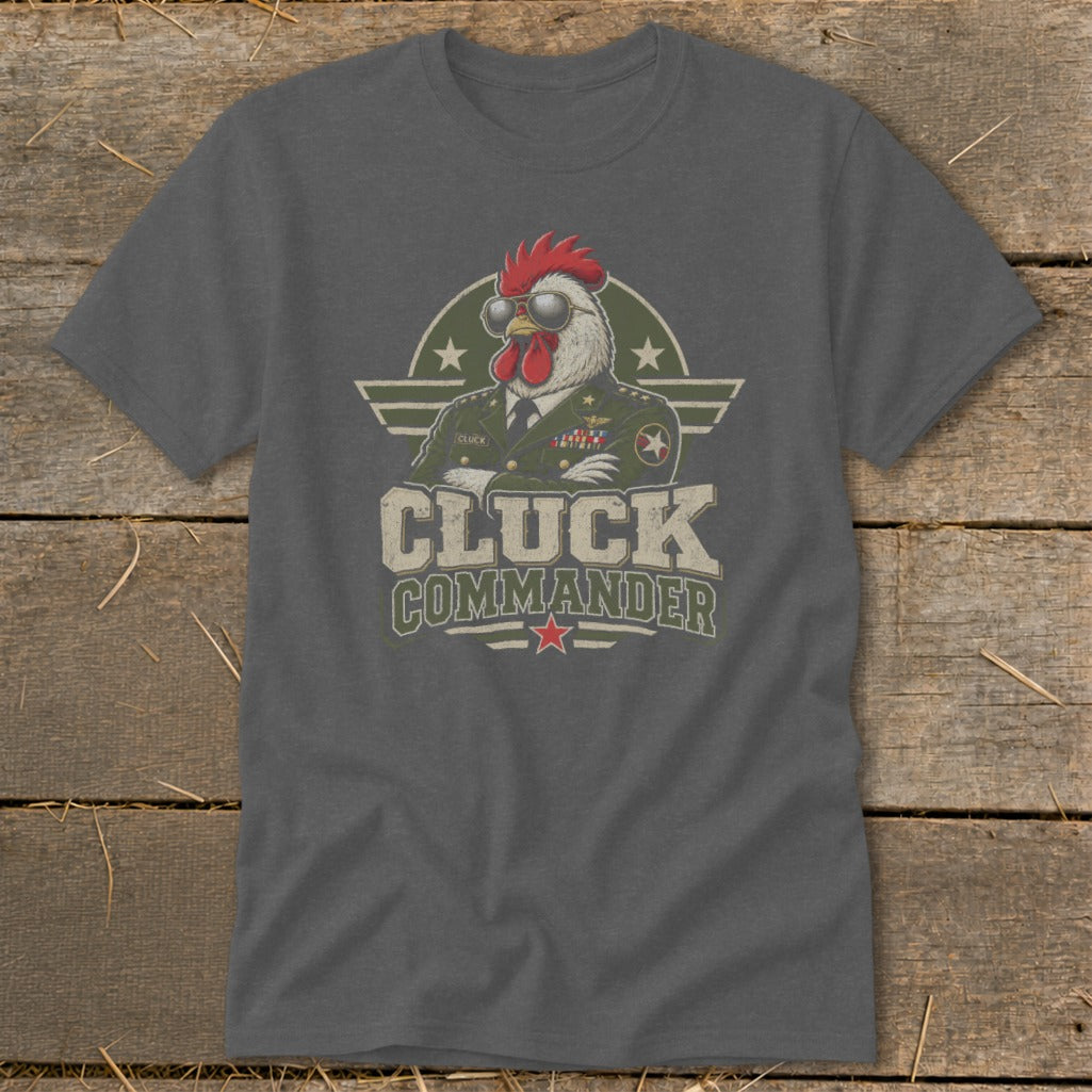 Dark gray t-shirt featuring a graphic of a rooster in a military uniform wearing sunglasses with the text Cluck Commander.