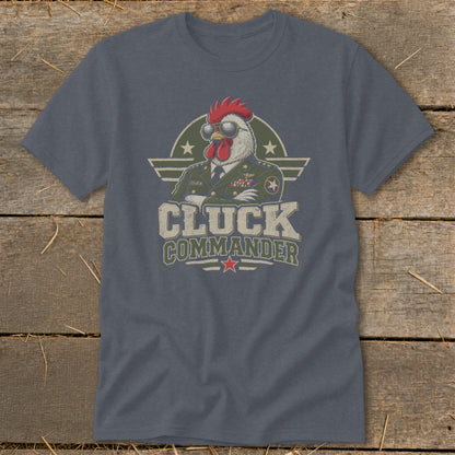 Dark gray t-shirt featuring a graphic of a chicken in a military uniform wearing sunglasses, with the text "CLUCK COMMANDER".