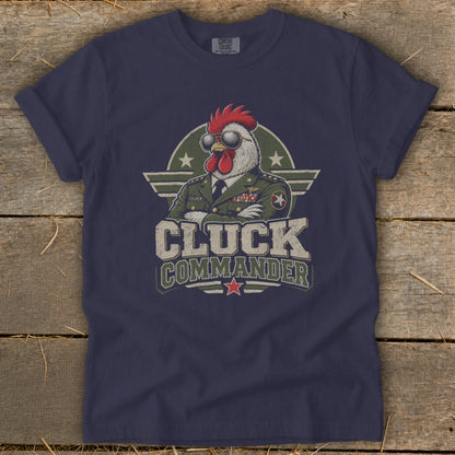 Navy blue t-shirt featuring a cartoon rooster in a military uniform, sunglasses, and the text Cluck Commander.