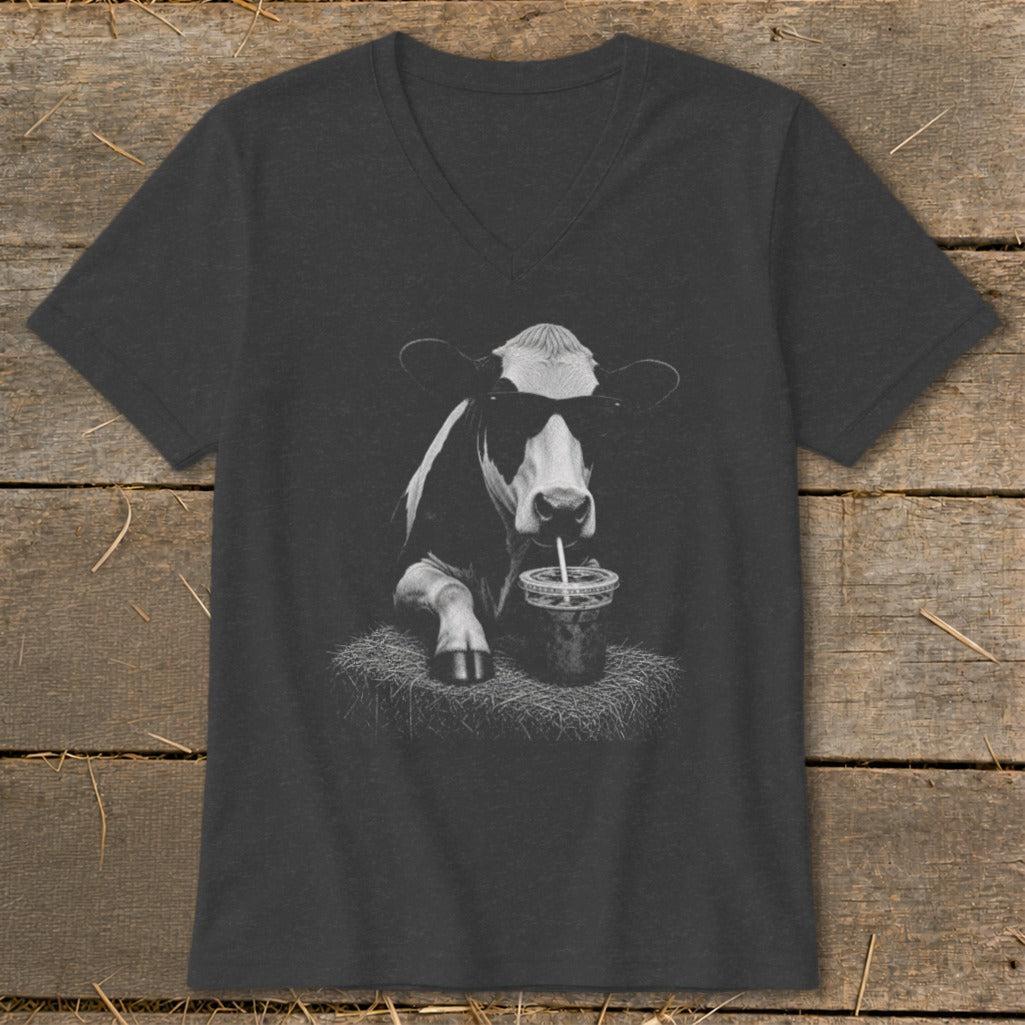 Coffee Drinking Cow V-neck