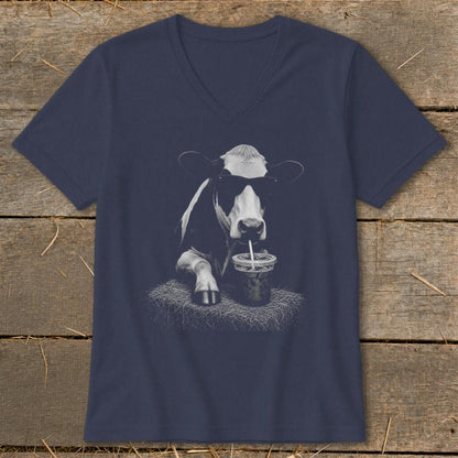 Coffee Drinking Cow V-neck