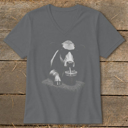 Coffee Drinking Cow V-neck