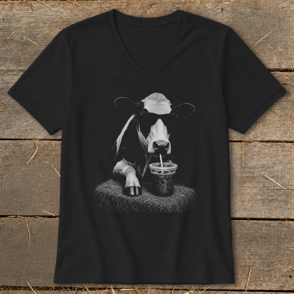 Coffee Drinking Cow V-neck