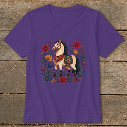 Colorful Folk Art Horse V-neck