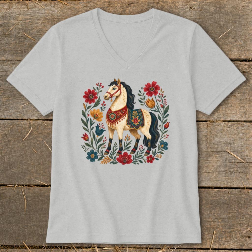 Colorful Folk Art Horse V-neck