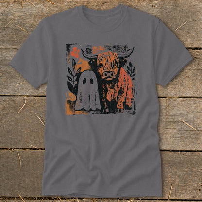 Gray t-shirt with a distressed graphic of a Highland cow and a ghost.