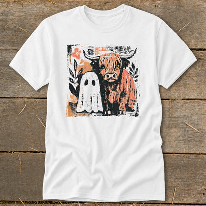 White t-shirt with a distressed print of a Highland cow and a ghost.