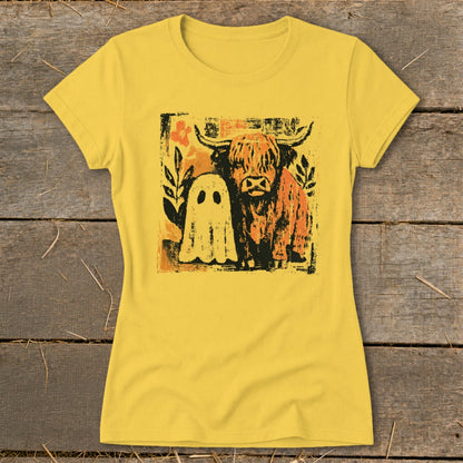 Yellow t-shirt with a distressed graphic of a Highland cow and a ghost.