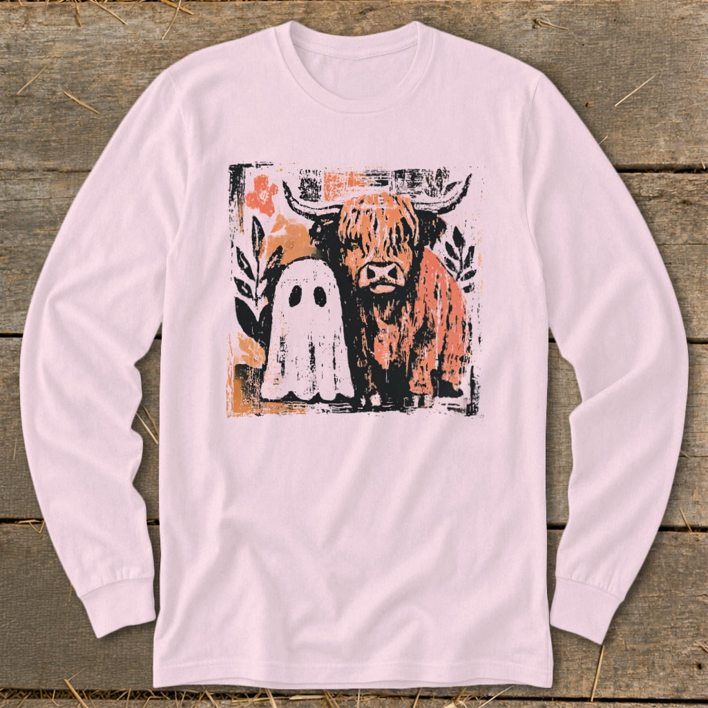 Long sleeve shirt with a graphic of a Highland cow and a ghost.