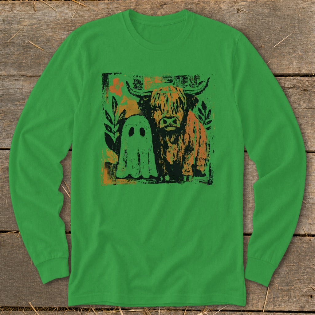 Highland cow and ghost graphic on green long-sleeve t-shirt.
