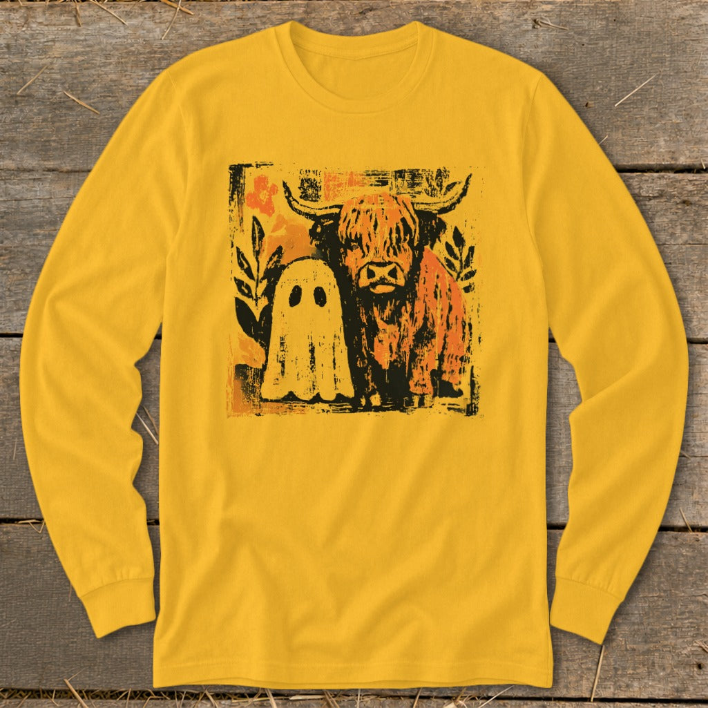 Yellow long-sleeve shirt with a distressed graphic of a Highland cow and a ghost.