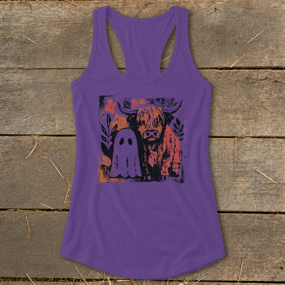 Purple tank top with a distressed print of a Highland cow and a ghost.