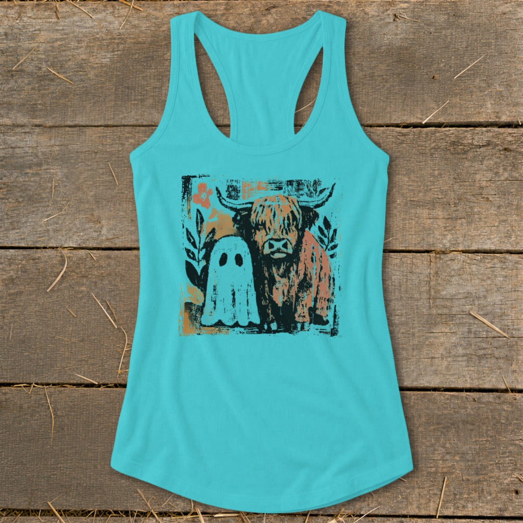 Turquoise tank top with a distressed print of a Highland cow and a ghost.