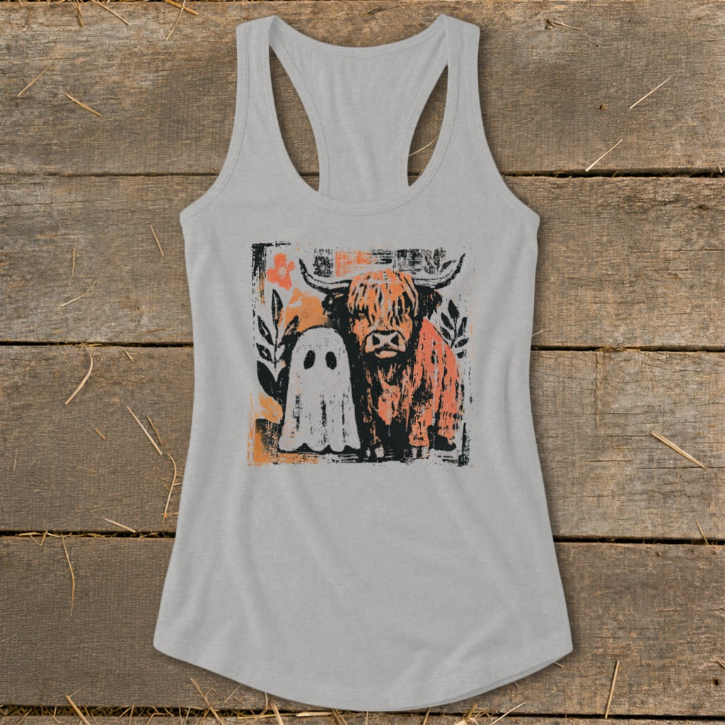 Gray tank top with a grunge-style graphic of a Highland cow and a ghost.