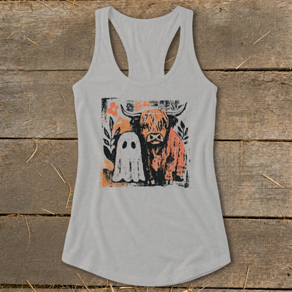 Gray tank top with a grunge-style graphic of a Highland cow and a ghost.