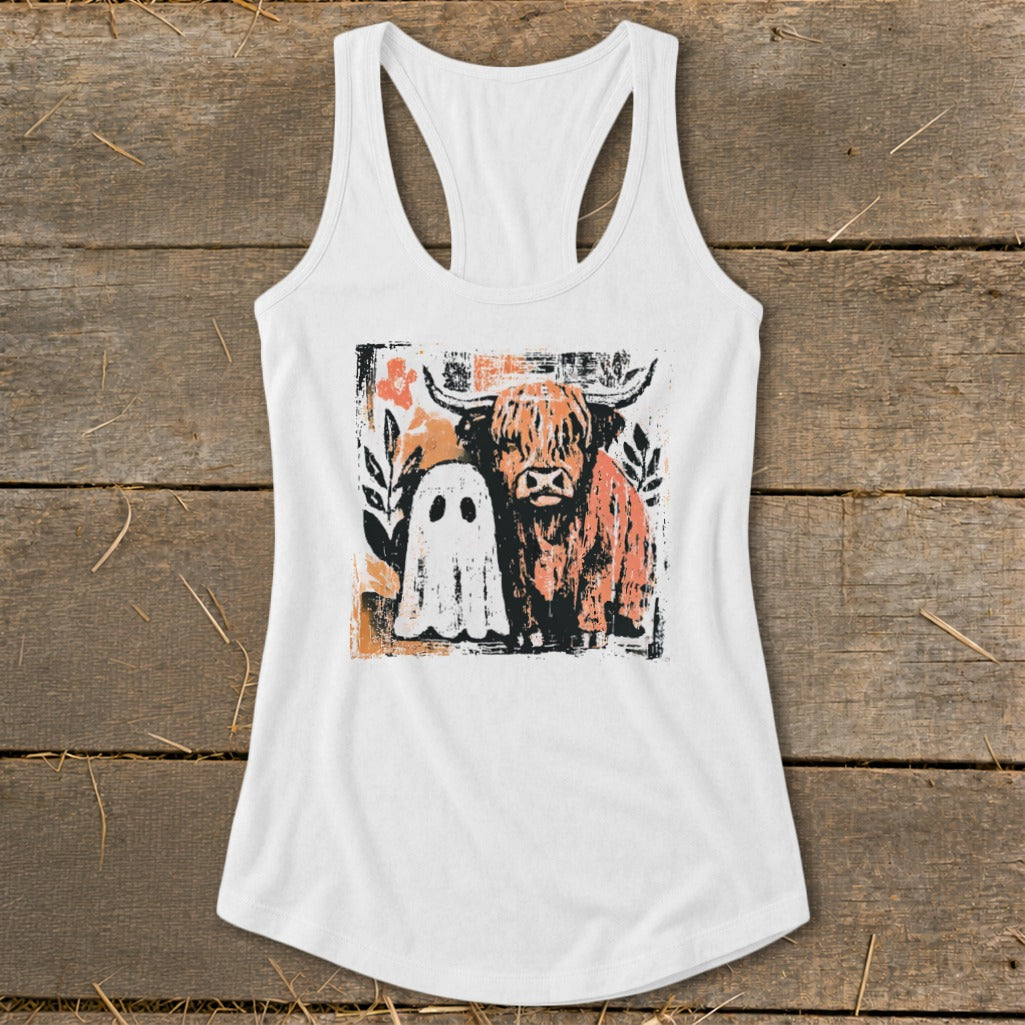 White tank top featuring a highland cow and ghost graphic with floral accents.