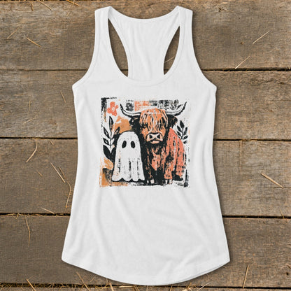 White tank top featuring a highland cow and ghost graphic with floral accents.