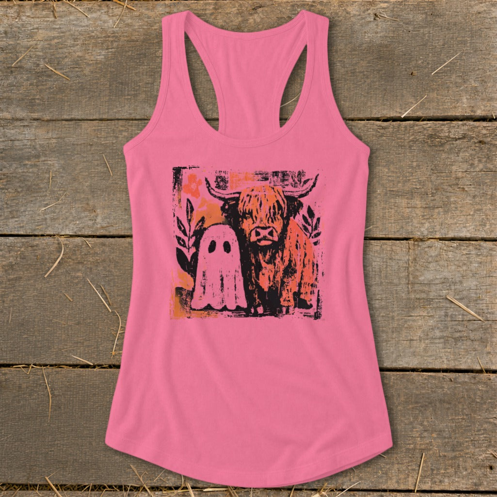 Pink racerback tank top with a distressed graphic of a Highland cow and a ghost.