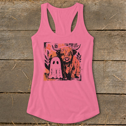 Pink racerback tank top with a distressed graphic of a Highland cow and a ghost.