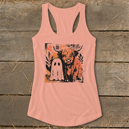 Peach tank top with Highland cow and ghost graphic.