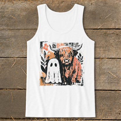Highland cow and ghost graphic on white tank top.