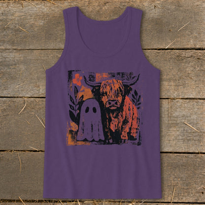 Purple tank top with a distressed graphic of a Highland cow and a ghost.