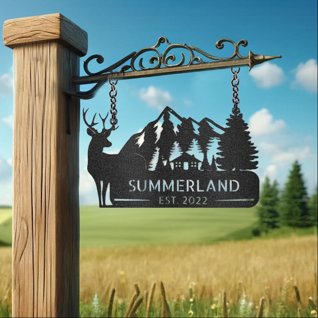 Custom Cottage and Mountains Metal Art Sign