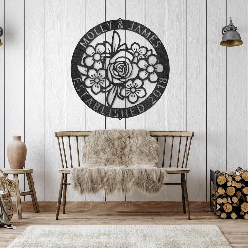 Custom Couple Floral Ring Metal Art Sign