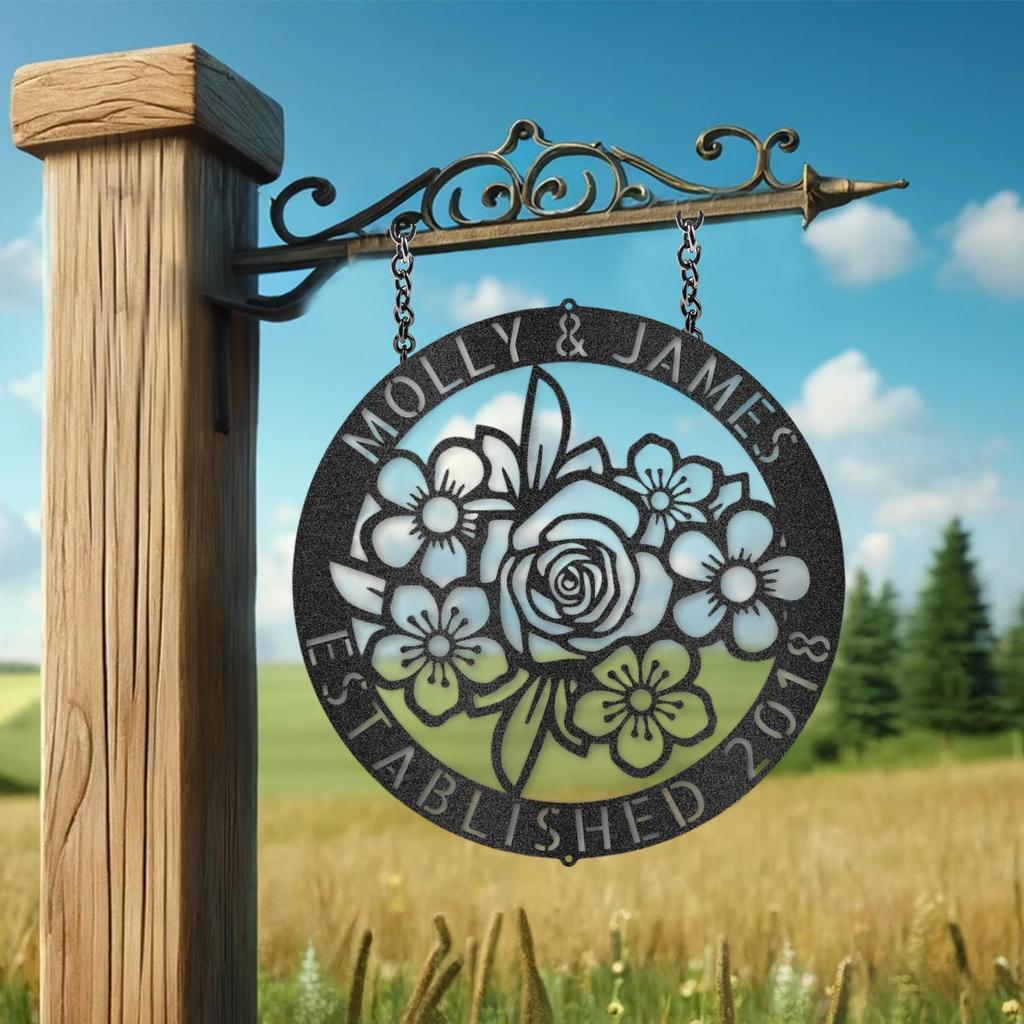 Custom Couple Floral Ring Metal Art Sign