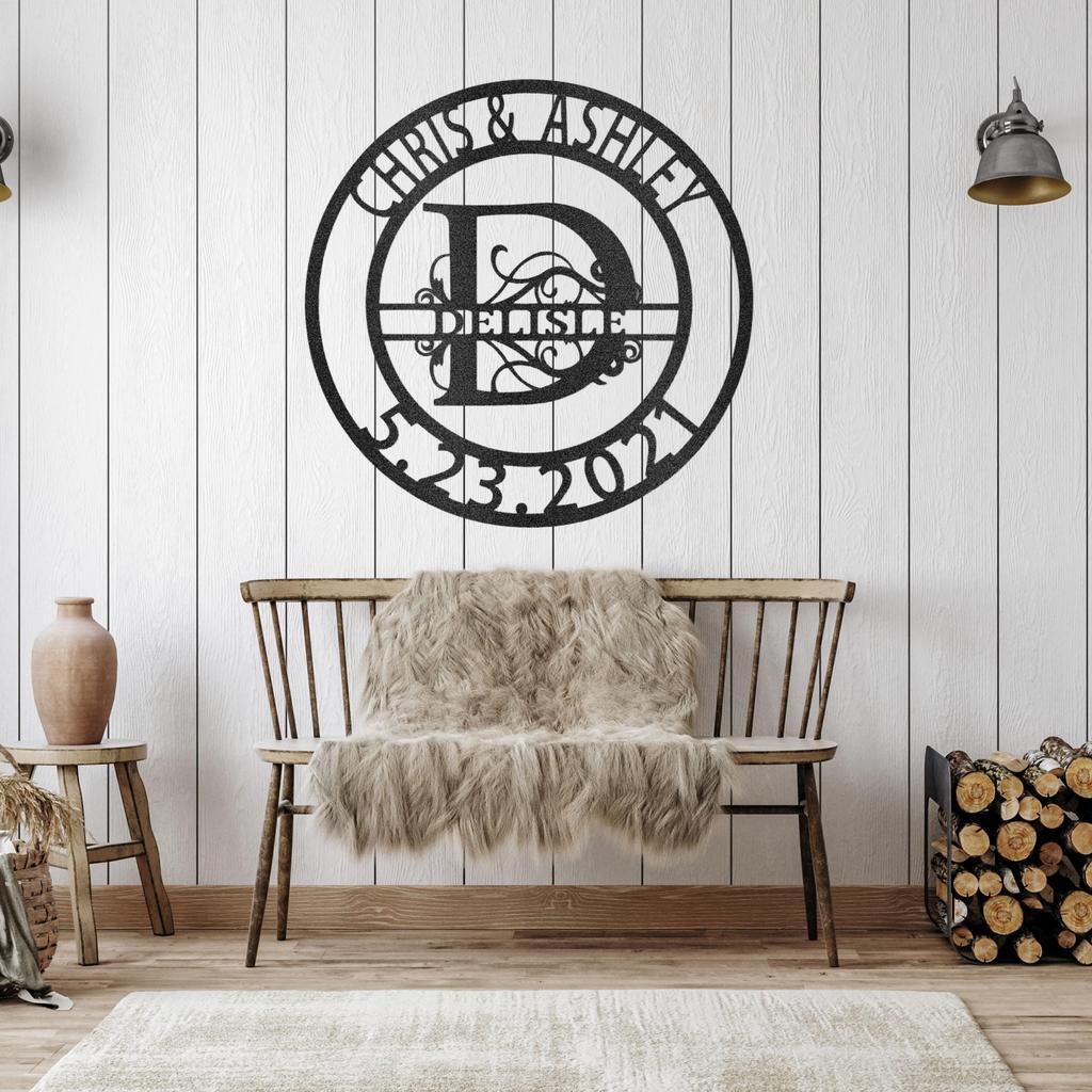 Custom Elaborate Split Letter Family Name Metal Art Sign