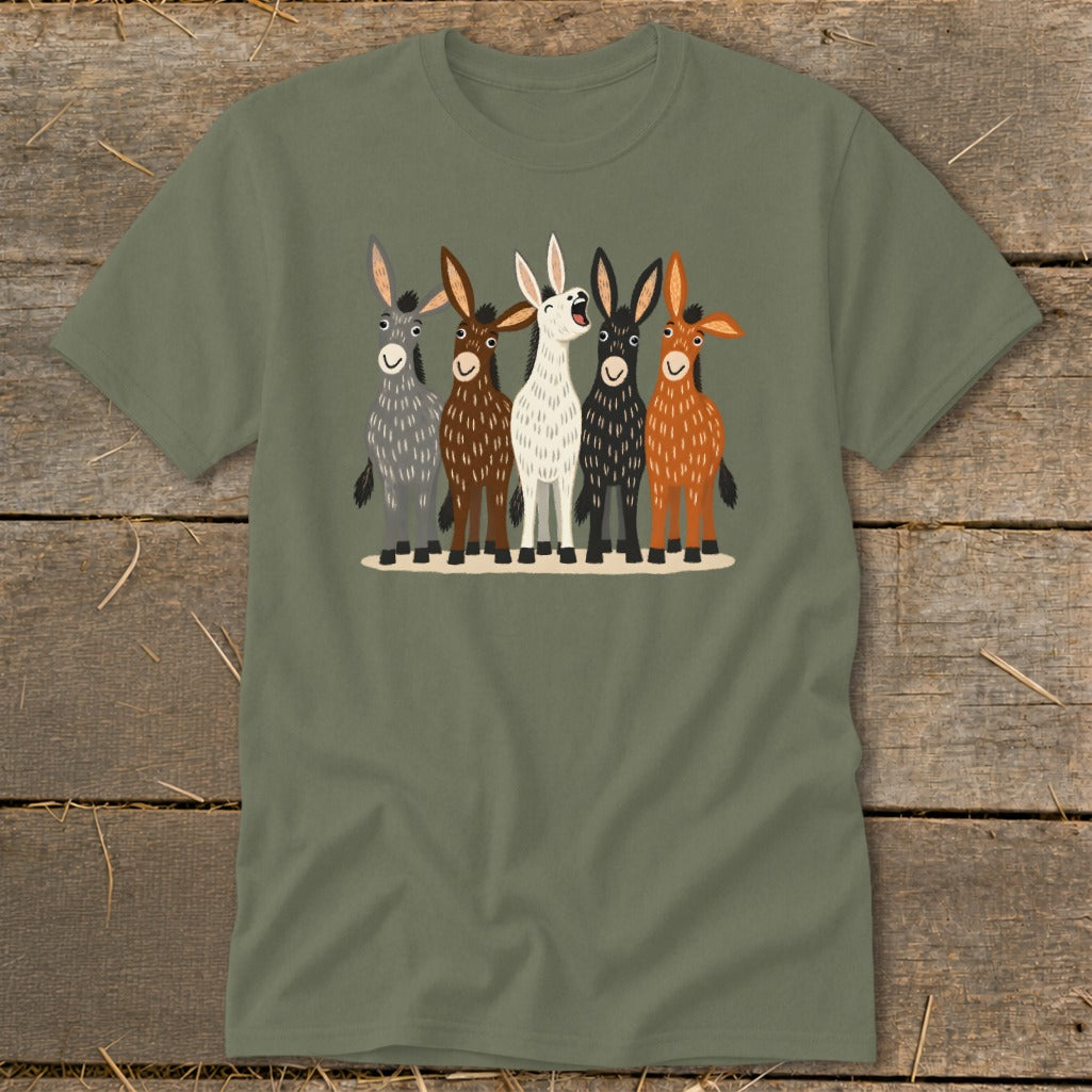 An olive green t-shirt featuring an illustration of five cartoon donkeys in a row.