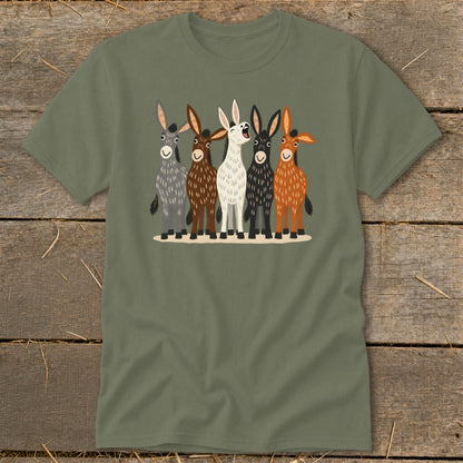 An olive green t-shirt featuring an illustration of five cartoon donkeys in a row.