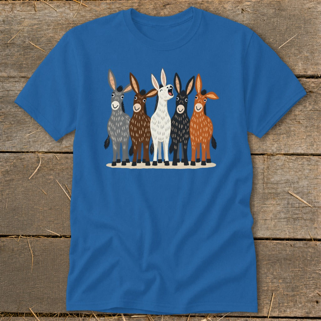 A blue t-shirt displays an illustration of five cartoon donkeys in gray, brown, white, black, and orange.