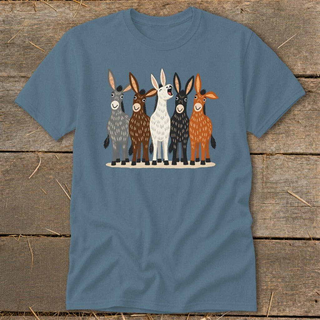 A blue t-shirt featuring a graphic illustration of five differently colored donkeys standing together.