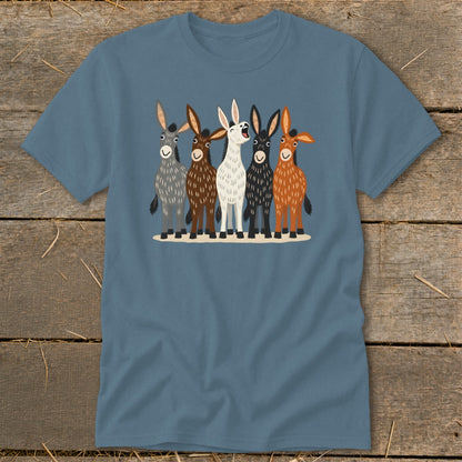 A blue t-shirt featuring a graphic illustration of five differently colored donkeys standing together.
