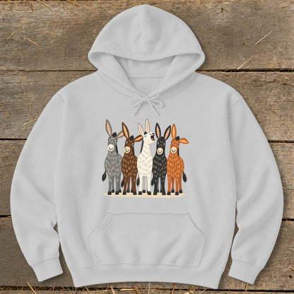 Light gray hooded sweatshirt featuring a front graphic of five colorful donkeys standing side-by-side.