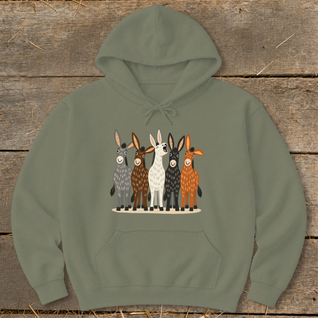 An olive green hooded sweatshirt featuring a front graphic of five stylized donkeys in various colors.