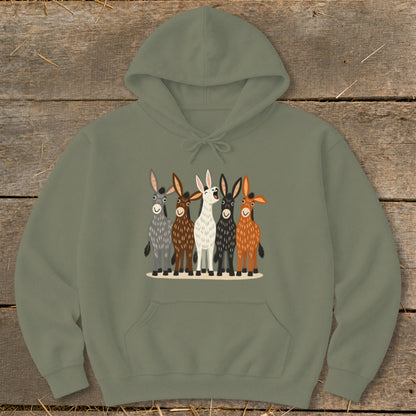 An olive green hooded sweatshirt featuring a front graphic of five stylized donkeys in various colors.