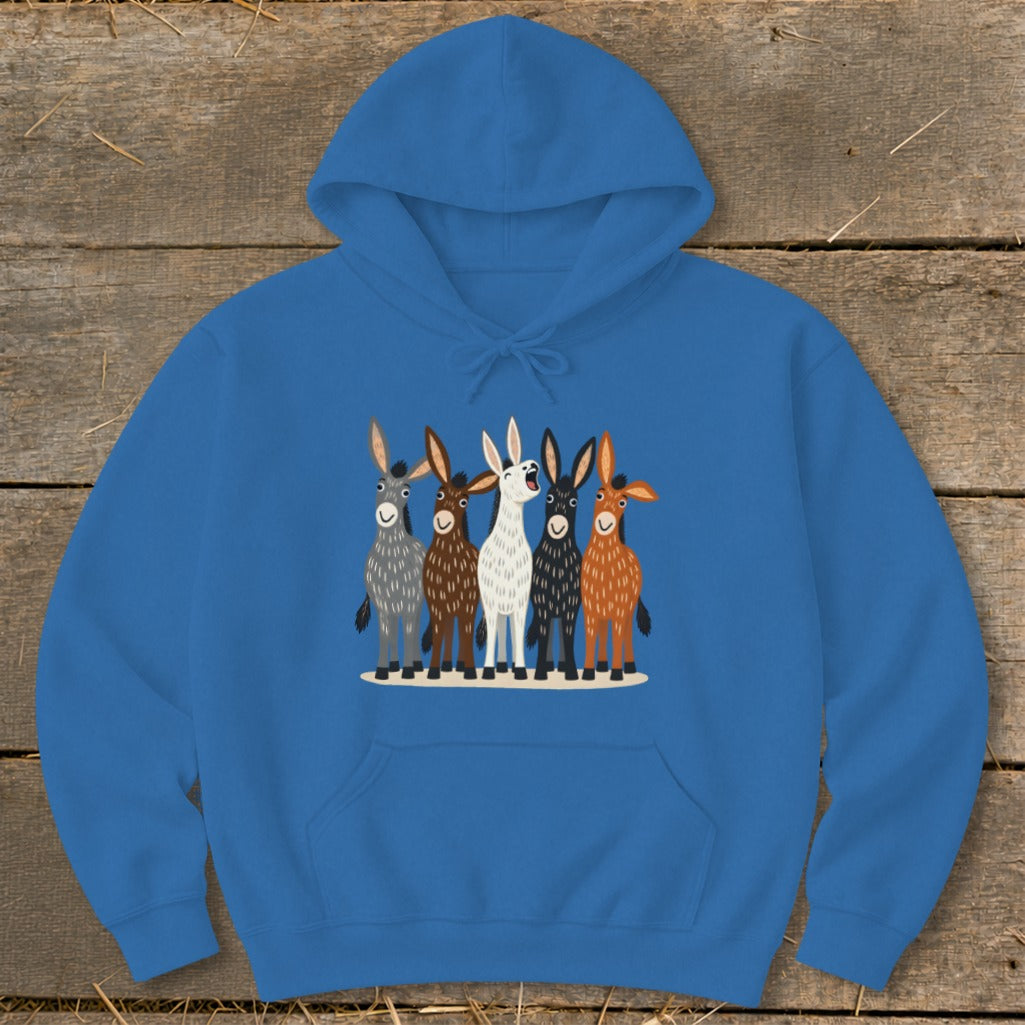 A blue hooded sweatshirt featuring a front graphic illustration of five differently colored donkeys standing together.