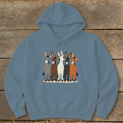 Steel blue hoodie featuring a front graphic of five colorful, illustrated donkeys standing together.