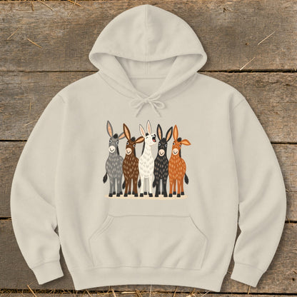 A cream-colored hoodie featuring an illustration of five colorful donkeys standing in a row across the chest.