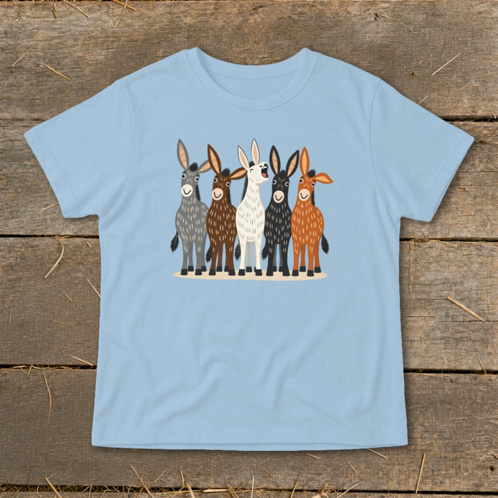 Light blue t-shirt featuring a front graphic of five colorful, illustrated donkeys standing together.