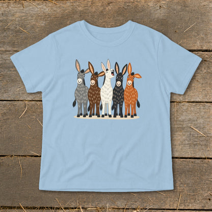 Light blue t-shirt featuring a front graphic of five colorful, illustrated donkeys standing together.