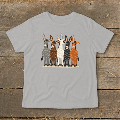A gray short-sleeved t-shirt featuring a cartoon graphic of five colorful donkeys standing together.