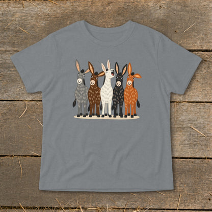 A grey t-shirt featuring a cartoon illustration of five colorful donkeys standing together.