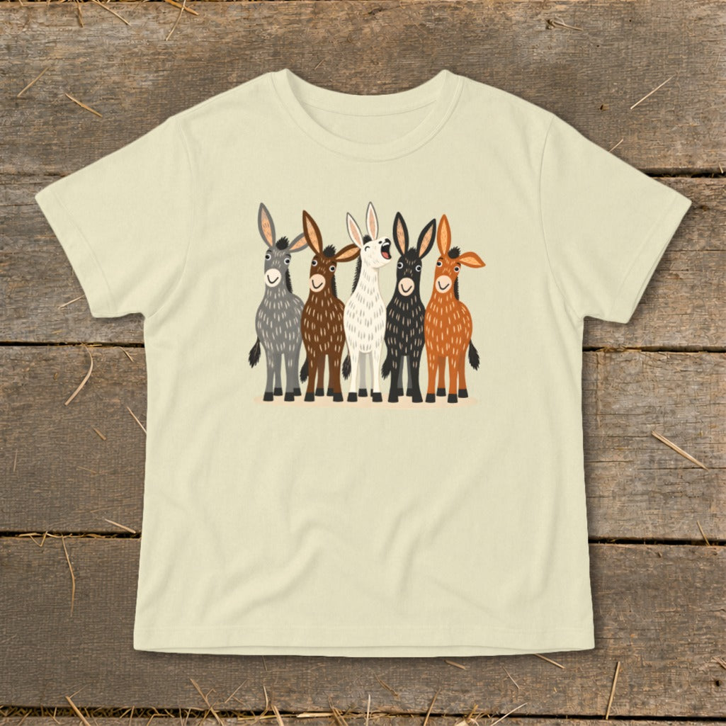 Cream t-shirt featuring an illustration of five cartoon donkeys in various colors standing side-by-side.