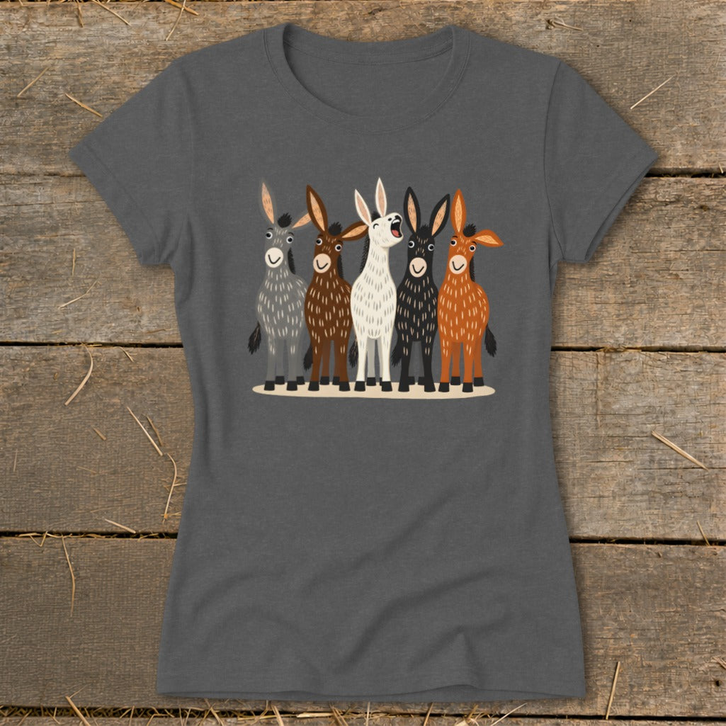 Dark grey short-sleeve t-shirt featuring a cartoon graphic of five donkeys in different colors.