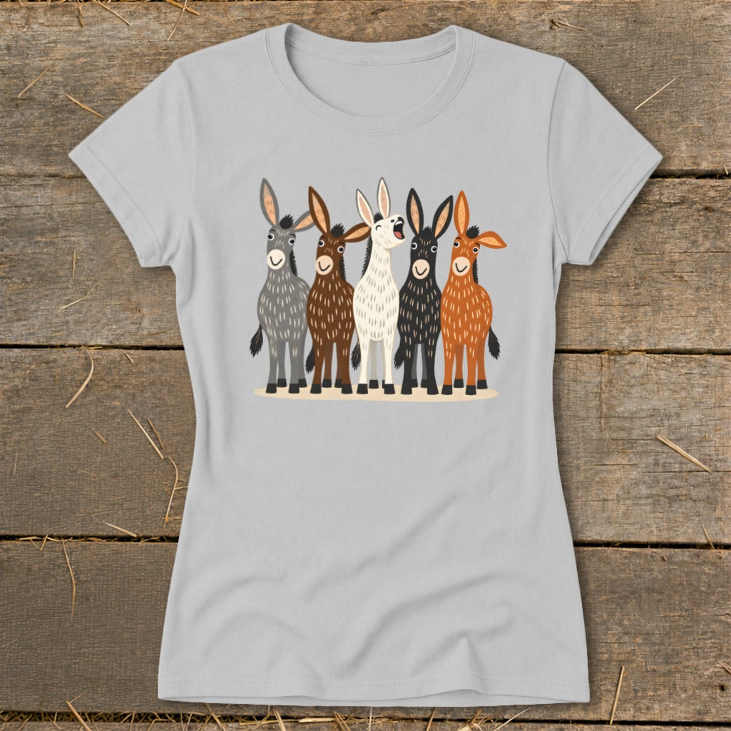 A light gray t-shirt featuring a graphic of five colorful, illustrated donkeys standing together.