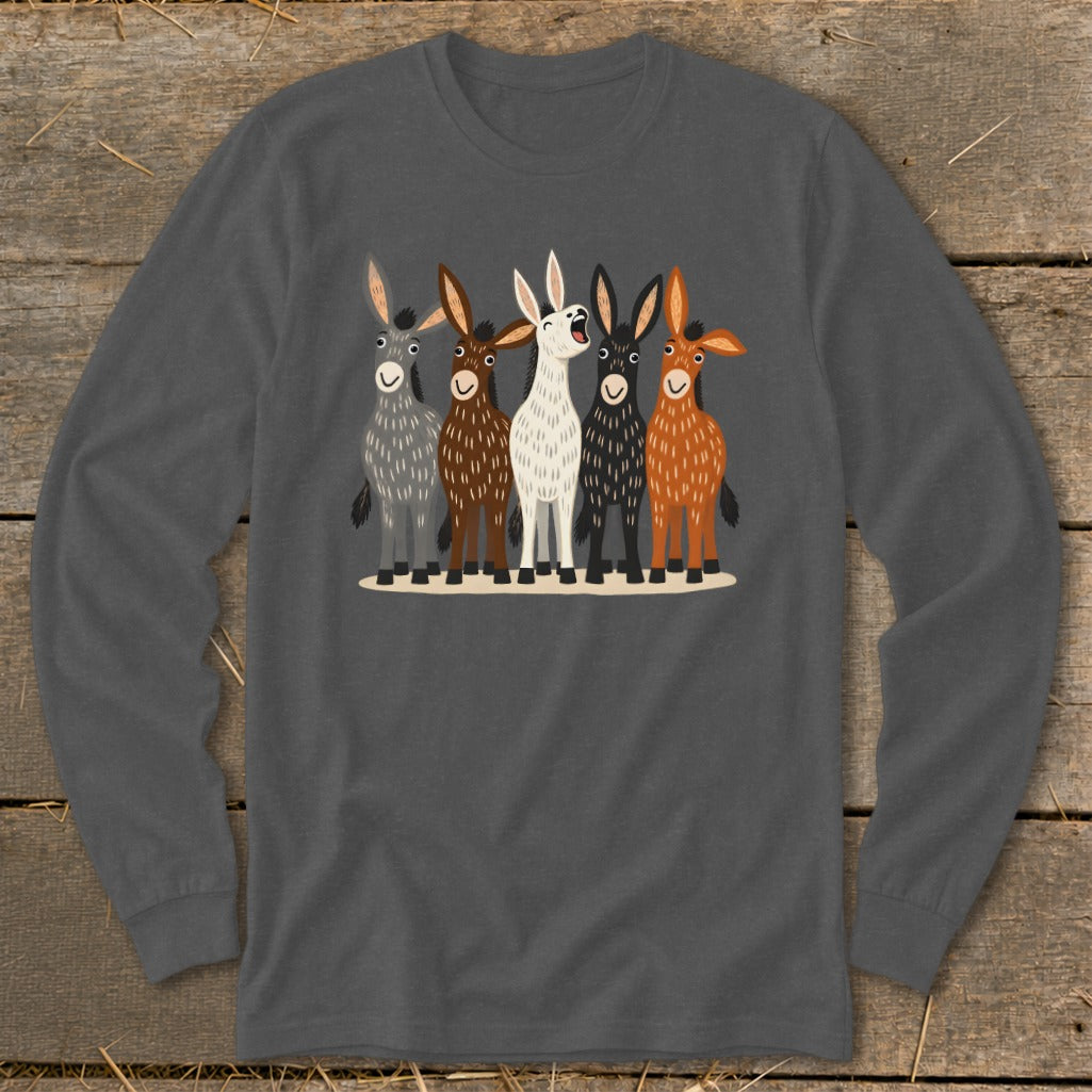 Charcoal gray long-sleeve shirt featuring an illustrated graphic of five colorful donkeys standing together.