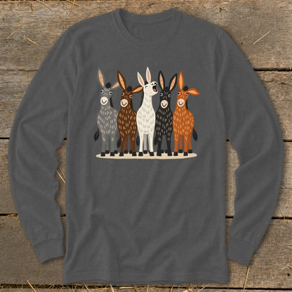 Charcoal gray long-sleeve shirt featuring an illustrated graphic of five colorful donkeys standing together.